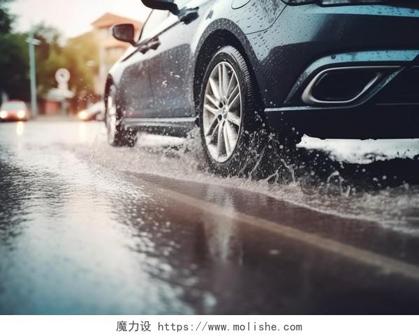 雨后街道上的汽车飞快行驶轧过水坑溅起水花的轮胎特写